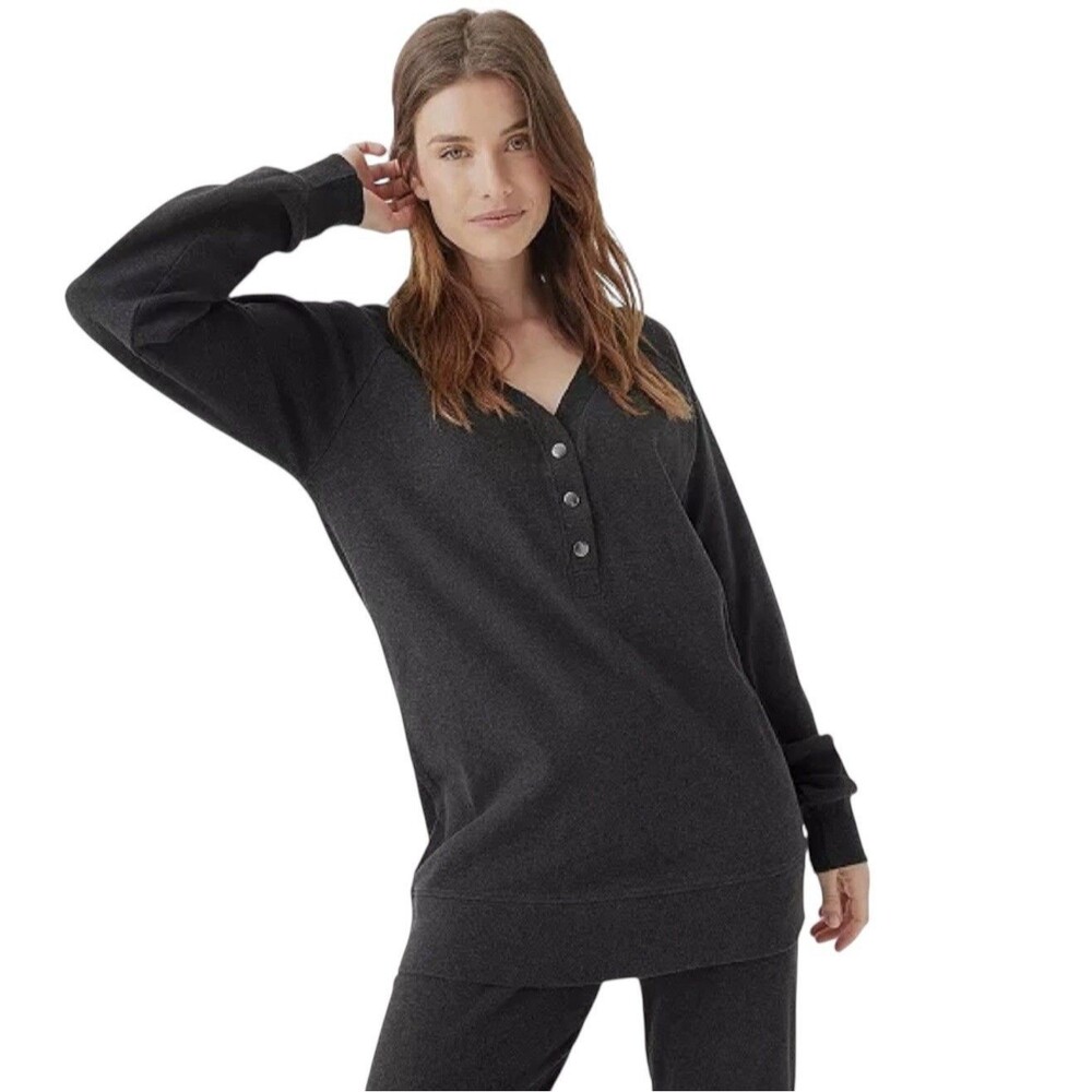 Pact Organic Cotton Airplane Snap Button Tunic Shirt Top Large Grey Henley GUC